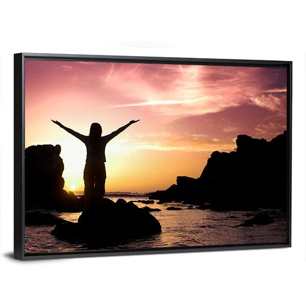 Woman Silhouette After Success Canvas Wall Art-3 Horizontal-Gallery Wrap-25" x 16"-Tiaracle