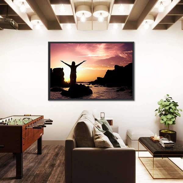 Woman Silhouette After Success Canvas Wall Art-5 Horizontal-Gallery Wrap-22" x 12"-Tiaracle