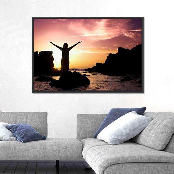 Woman Silhouette After Success Canvas Wall Art-3 Horizontal-Gallery Wrap-25" x 16"-Tiaracle