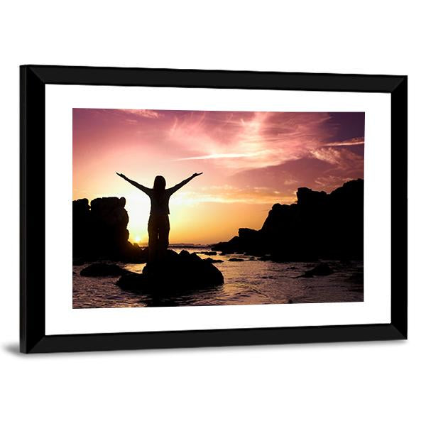 Woman Silhouette After Success Canvas Wall Art-5 Horizontal-Gallery Wrap-22" x 12"-Tiaracle