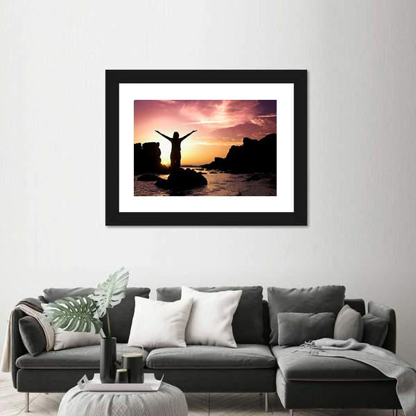 Woman Silhouette After Success Canvas Wall Art-5 Horizontal-Gallery Wrap-22" x 12"-Tiaracle