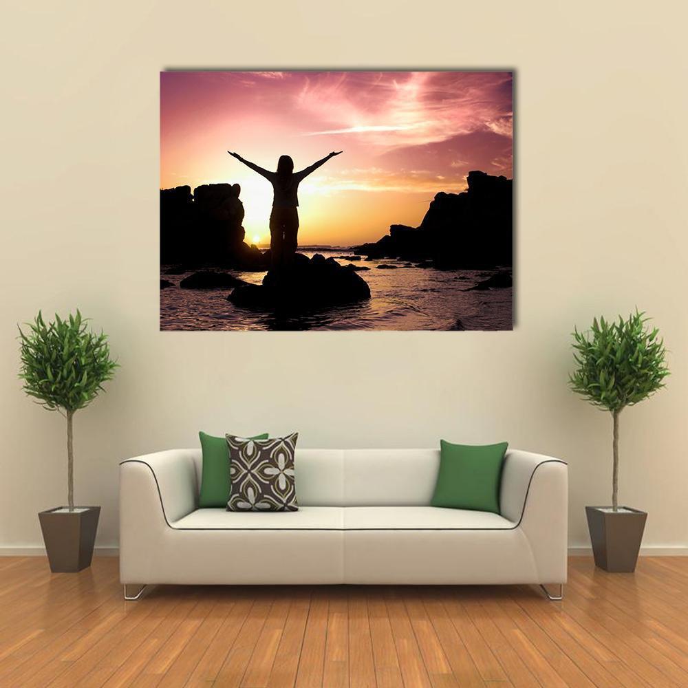 Woman Silhouette After Success Canvas Wall Art-1 Piece-Gallery Wrap-48" x 32"-Tiaracle