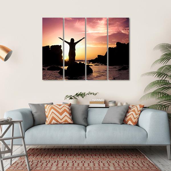 Woman Silhouette After Success Canvas Wall Art-4 Horizontal-Gallery Wrap-34" x 24"-Tiaracle