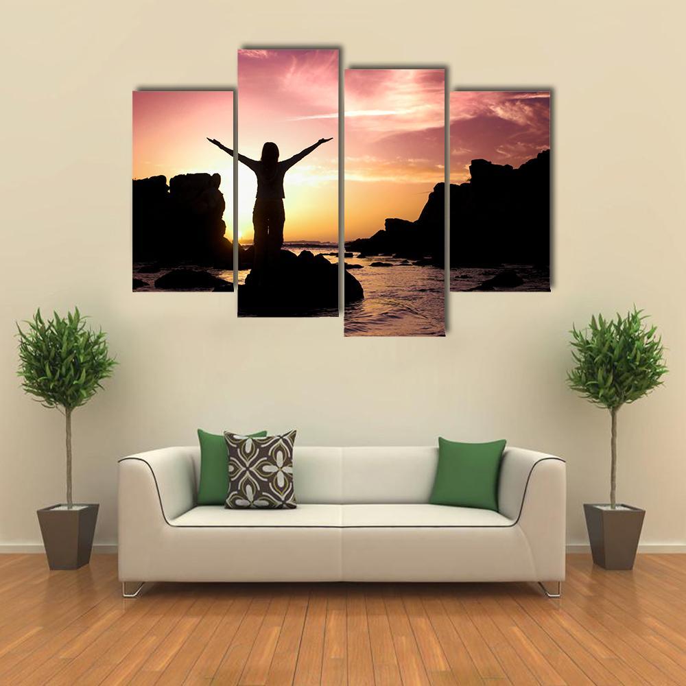 Woman Silhouette After Success Canvas Wall Art-4 Pop-Gallery Wrap-50" x 32"-Tiaracle