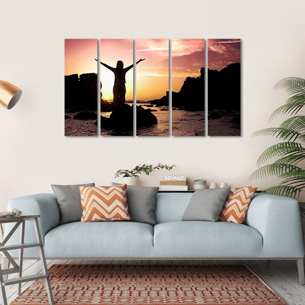 Woman Silhouette After Success Canvas Wall Art-5 Horizontal-Gallery Wrap-22" x 12"-Tiaracle