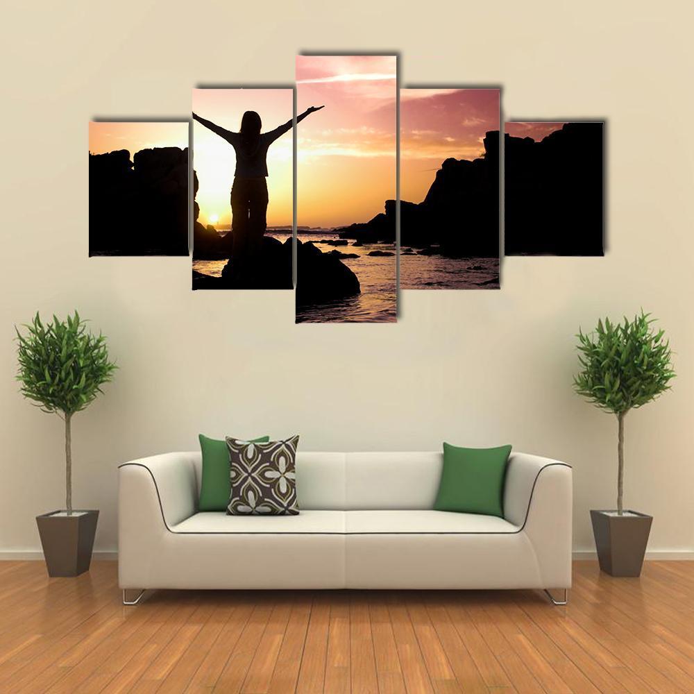 Woman Silhouette After Success Canvas Wall Art-1 Piece-Gallery Wrap-48" x 32"-Tiaracle