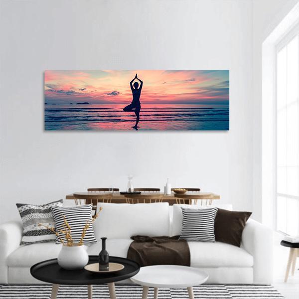 Woman Standing At Yoga Pose Panoramic Canvas Wall Art-3 Piece-25" x 08"-Tiaracle