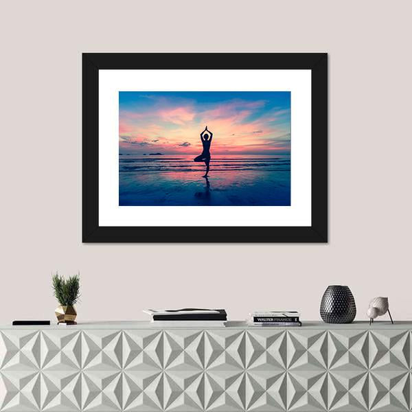 Woman Standing At Yoga Pose Panoramic Canvas Wall Art-1 Piece-36" x 12"-Tiaracle