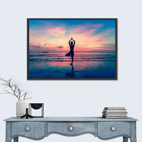 Woman Standing At Yoga Pose Panoramic Canvas Wall Art-1 Piece-36" x 12"-Tiaracle