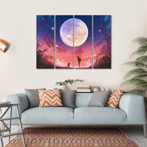 Woman With Dog At Beautiful Night Canvas Wall Art-4 Horizontal-Gallery Wrap-34" x 24"-Tiaracle