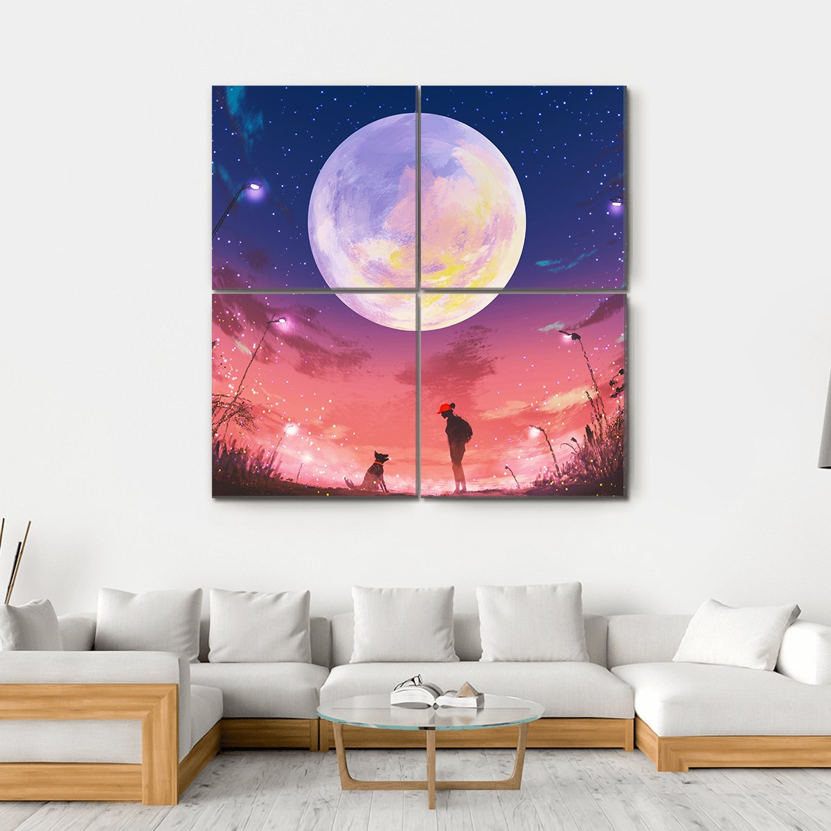 Woman With Dog At Beautiful Night Canvas Wall Art-4 Square-Gallery Wrap-17" x 17"-Tiaracle