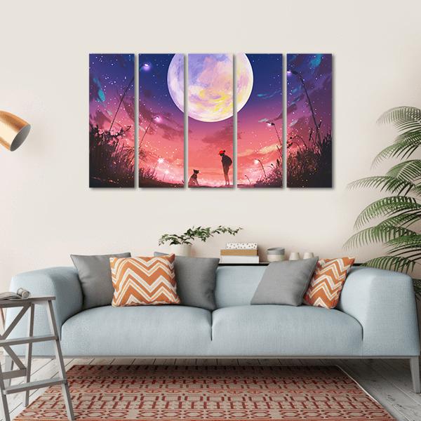 Woman With Dog At Beautiful Night Canvas Wall Art-5 Horizontal-Gallery Wrap-22" x 12"-Tiaracle