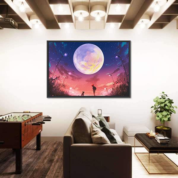 Woman With Dog At Beautiful Night Canvas Wall Art-5 Horizontal-Gallery Wrap-22" x 12"-Tiaracle