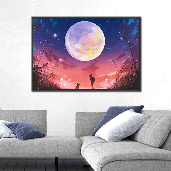 Woman With Dog At Beautiful Night Canvas Wall Art-5 Horizontal-Gallery Wrap-22" x 12"-Tiaracle