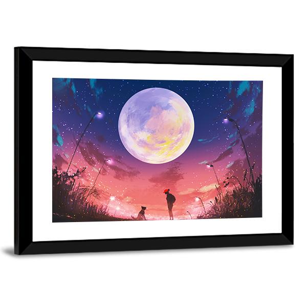 Woman With Dog At Beautiful Night Canvas Wall Art-5 Horizontal-Gallery Wrap-22" x 12"-Tiaracle
