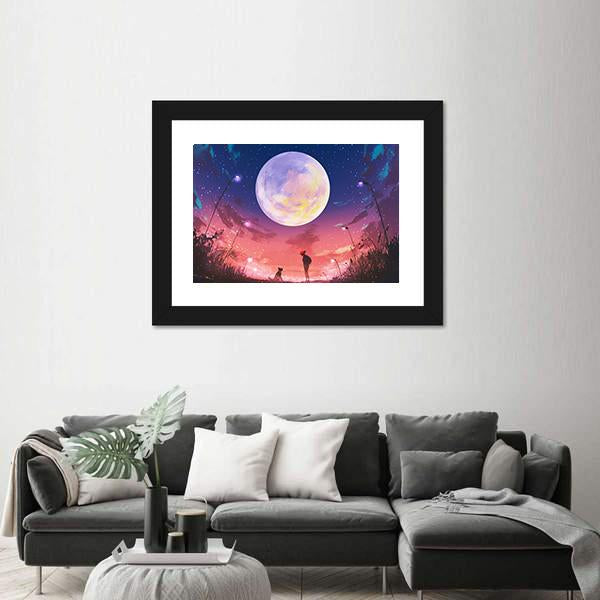 Woman With Dog At Beautiful Night Canvas Wall Art-5 Horizontal-Gallery Wrap-22" x 12"-Tiaracle
