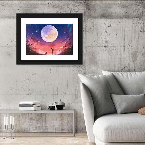 Woman With Dog At Beautiful Night Canvas Wall Art-5 Horizontal-Gallery Wrap-22" x 12"-Tiaracle