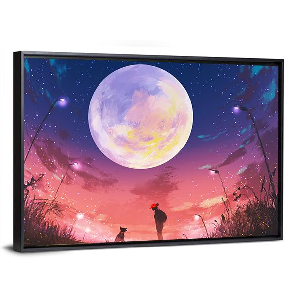 Woman With Dog At Beautiful Night Canvas Wall Art-5 Horizontal-Gallery Wrap-22" x 12"-Tiaracle