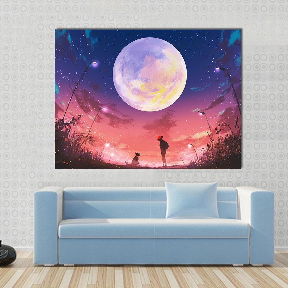 Woman and Dog Under Night Sky Canvas Wall Art in blue, purple and pink, single panel hung on a wall