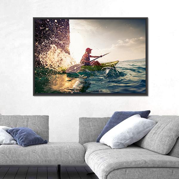 Woman With The Kayak In Sea Canvas Wall Art-5 Horizontal-Gallery Wrap-22" x 12"-Tiaracle