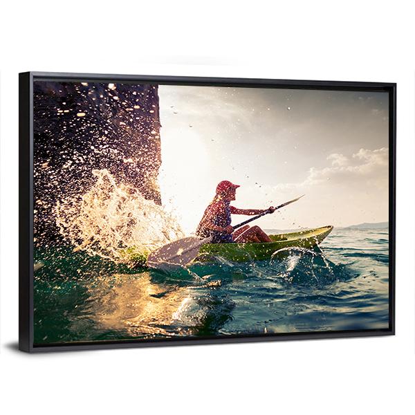 Woman With The Kayak In Sea Canvas Wall Art-5 Horizontal-Gallery Wrap-22" x 12"-Tiaracle