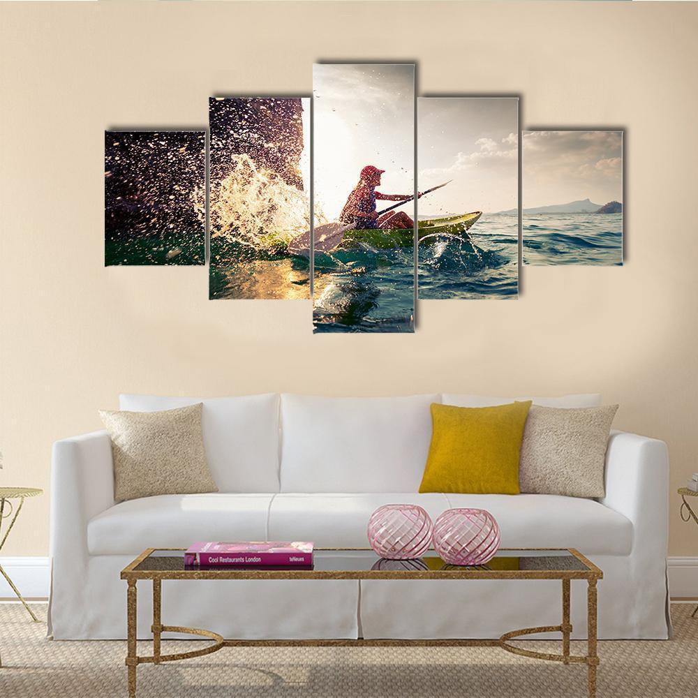 Woman With The Kayak In Sea Canvas Wall Art-1 Piece-Gallery Wrap-48" x 32"-Tiaracle