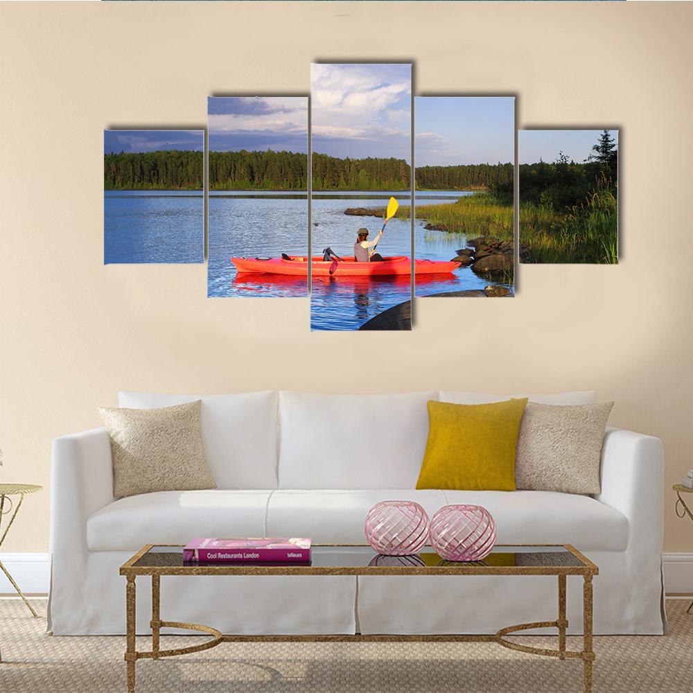 Woman With The Kayak In the Lake Canvas Wall Art-1 Piece-Gallery Wrap-48" x 32"-Tiaracle