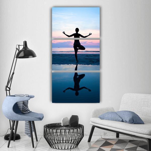 Woman Yoga On The Beach Vertical Canvas Wall Art-3 Vertical-Gallery Wrap-12&quot; x 25&quot;-Tiaracle