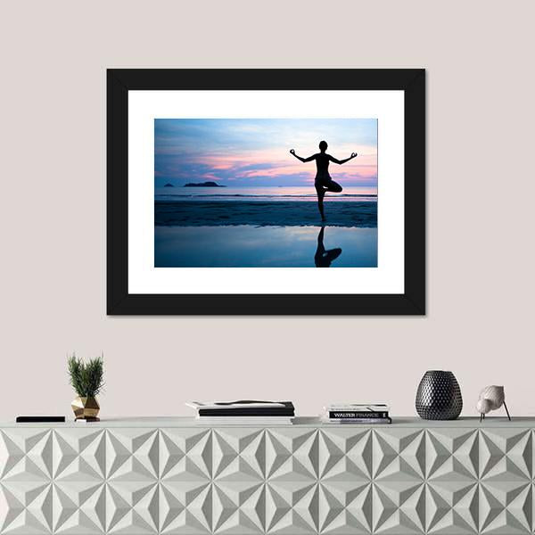 Woman Yoga On The Beach Vertical Canvas Wall Art-3 Vertical-Gallery Wrap-12" x 25"-Tiaracle