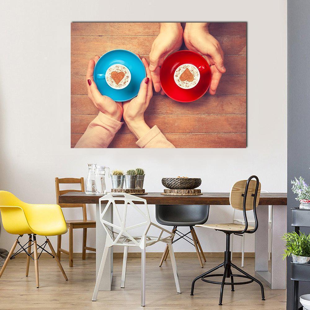 Couple Holding Coffee Cups Canvas Wall Art in brown, red and blue, single panel hung on a wall
