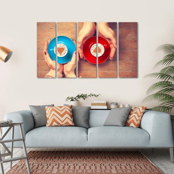 Couple Holding Coffee Cups Canvas Wall Art-5 Horizontal-Gallery Wrap-22" x 12"-Tiaracle