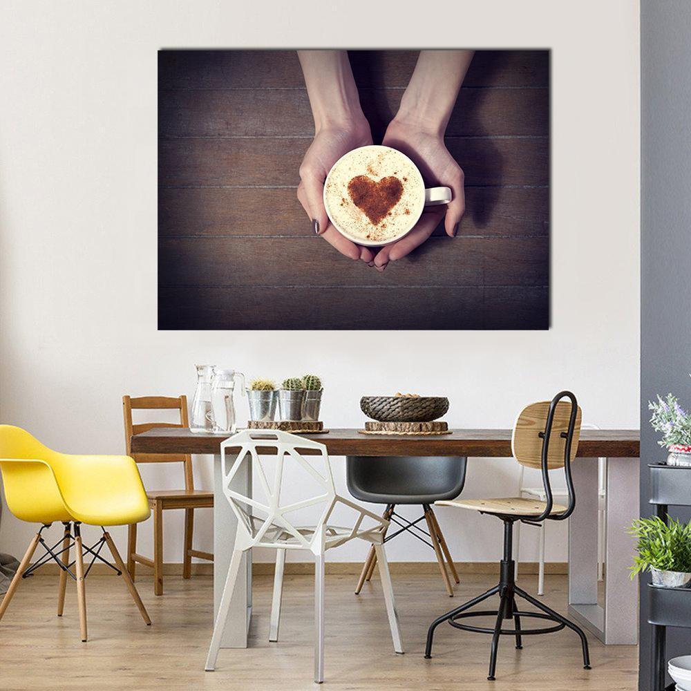 Women Holding Coffee Cup Canvas Wall Art in black, beige and brown, single panel hung on a wall