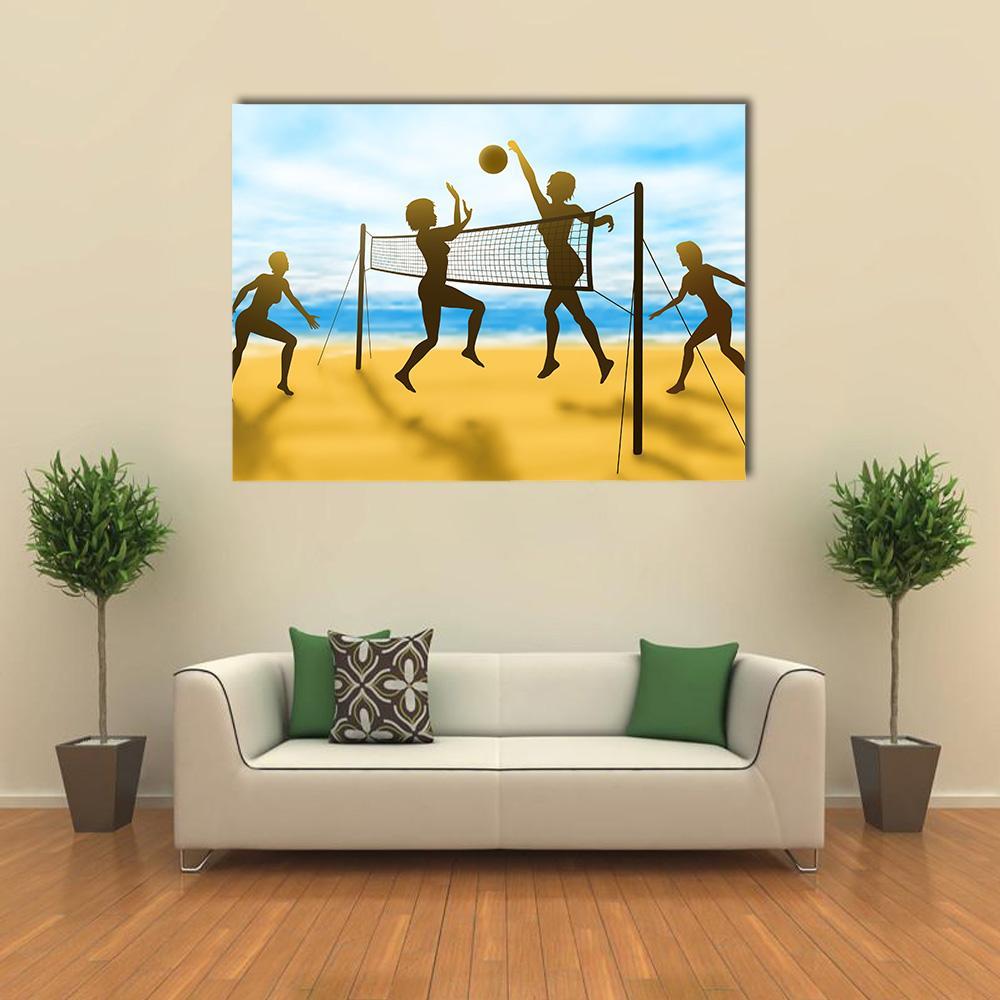 Women Playing Beach Volleyball Canvas Wall Art in brown, yellow and blue, single panel hung on a wall