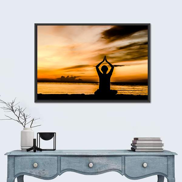 Women Playing Yoga At Beach Side On Sunset Canvas Wall Art-1 Piece-Floating Frame-24&quot; x 16&quot;-Tiaracle