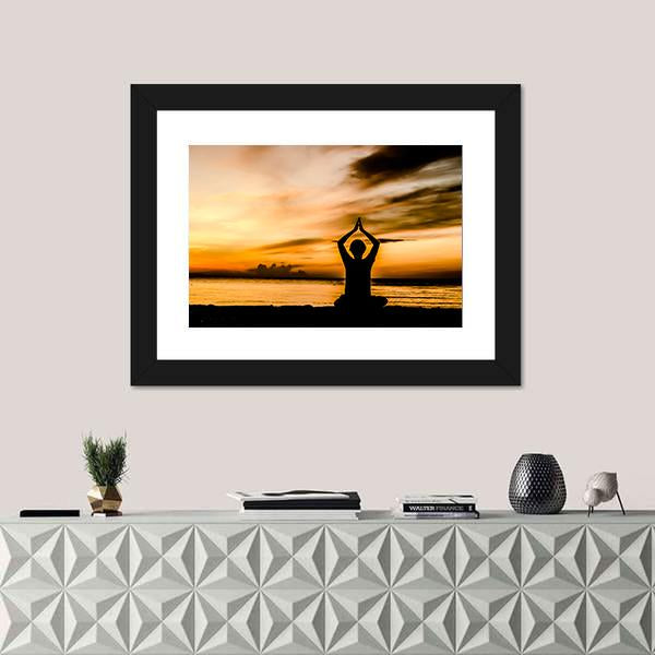 Women Playing Yoga At Beach Side On Sunset Canvas Wall Art-1 Piece-Framed Print-20&quot; x 16&quot;-Tiaracle