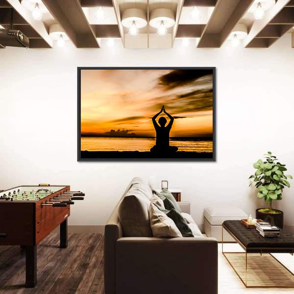 Women Playing Yoga At Beach Side On Sunset Canvas Wall Art-5 Horizontal-Gallery Wrap-22" x 12"-Tiaracle