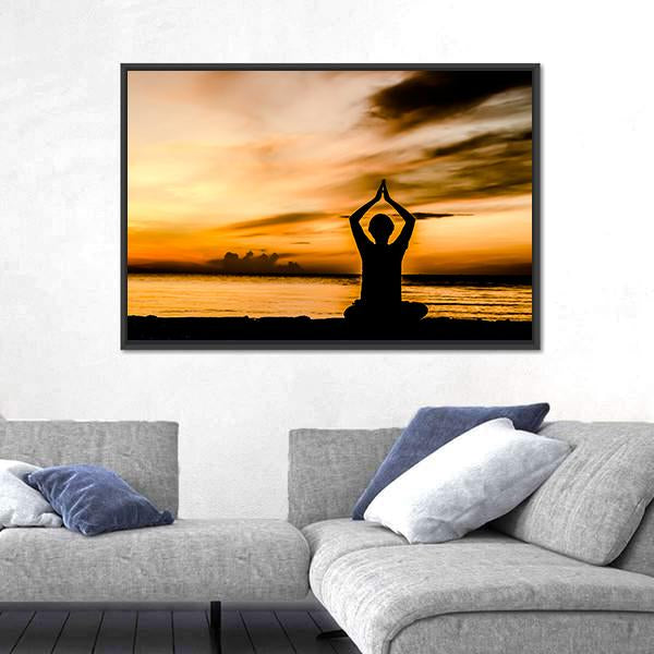 Women Playing Yoga At Beach Side On Sunset Canvas Wall Art-3 Horizontal-Gallery Wrap-25&quot; x 16&quot;-Tiaracle