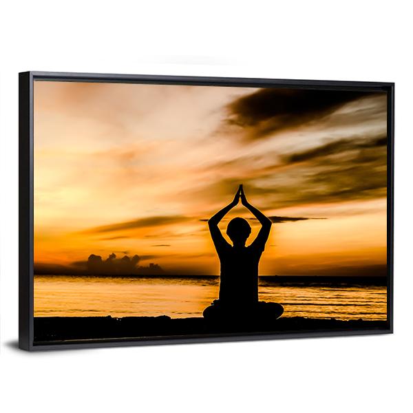 Women Playing Yoga At Beach Side On Sunset Canvas Wall Art-5 Horizontal-Gallery Wrap-22" x 12"-Tiaracle