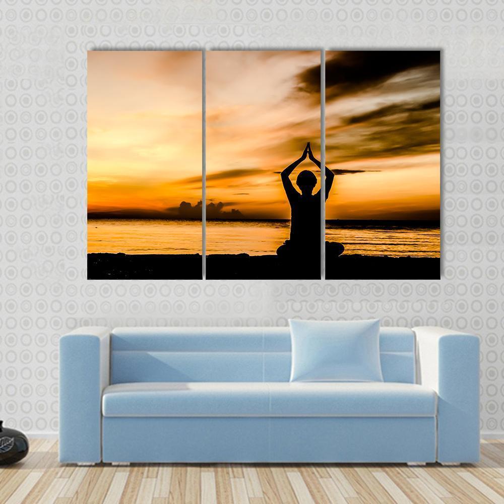 Women Playing Yoga At Beach Side On Sunset Canvas Wall Art-3 Horizontal-Gallery Wrap-37&quot; x 24&quot;-Tiaracle