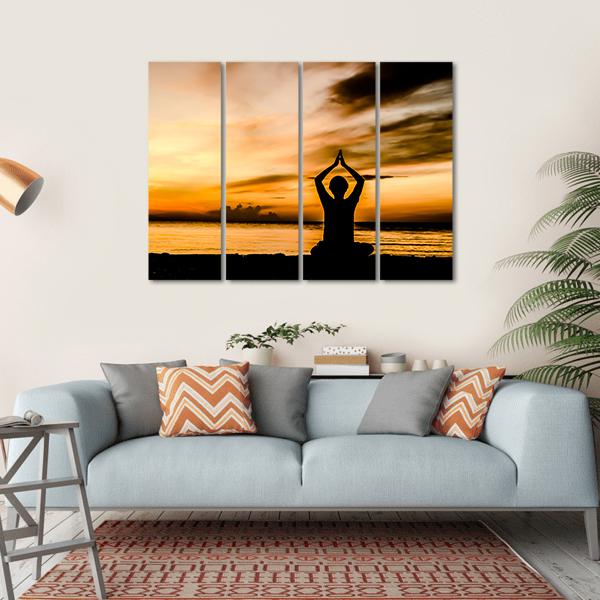 Women Playing Yoga At Beach Side On Sunset Canvas Wall Art-4 Horizontal-Gallery Wrap-34" x 24"-Tiaracle