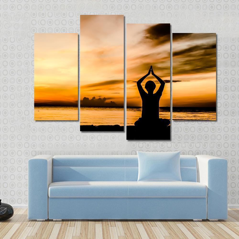 Women Playing Yoga At Beach Side On Sunset Canvas Wall Art-4 Pop-Gallery Wrap-50&quot; x 32&quot;-Tiaracle