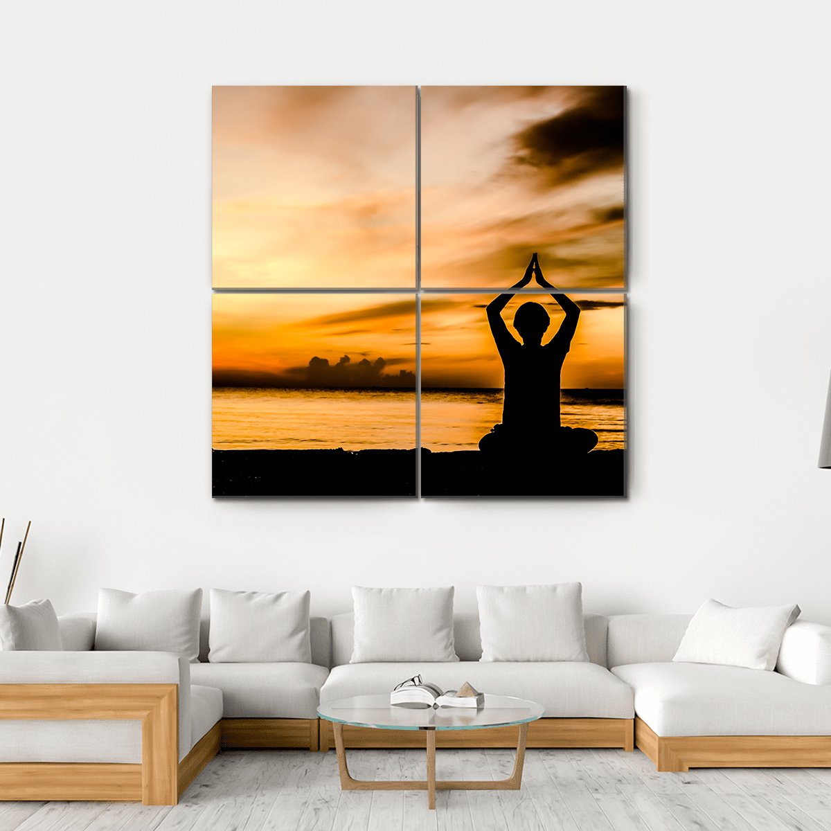 Women Playing Yoga At Beach Side On Sunset Canvas Wall Art-4 Square-Gallery Wrap-17" x 17"-Tiaracle