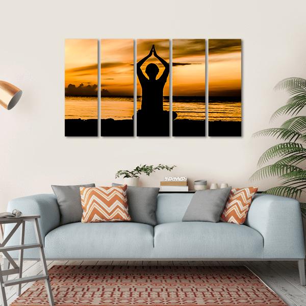 Women Playing Yoga At Beach Side On Sunset Canvas Wall Art-5 Horizontal-Gallery Wrap-22" x 12"-Tiaracle