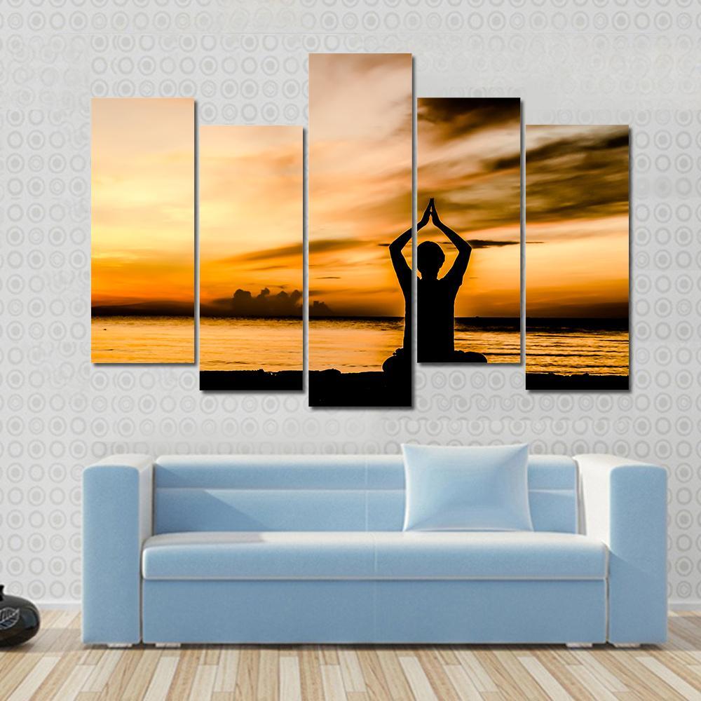 Women Playing Yoga At Beach Side On Sunset Canvas Wall Art-5 Pop-Gallery Wrap-47&quot; x 32&quot;-Tiaracle