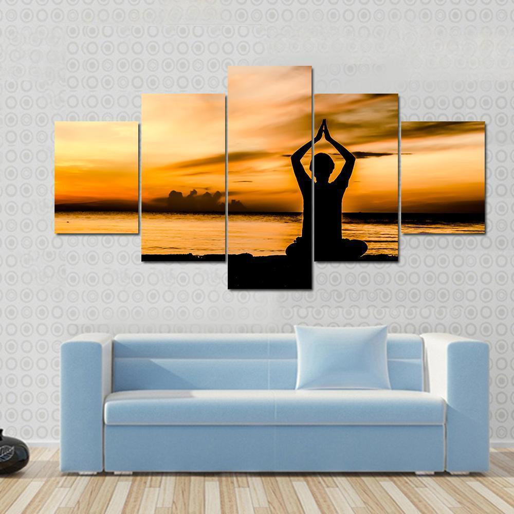 Women Playing Yoga At Beach Side On Sunset Canvas Wall Art-3 Horizontal-Gallery Wrap-25" x 16"-Tiaracle