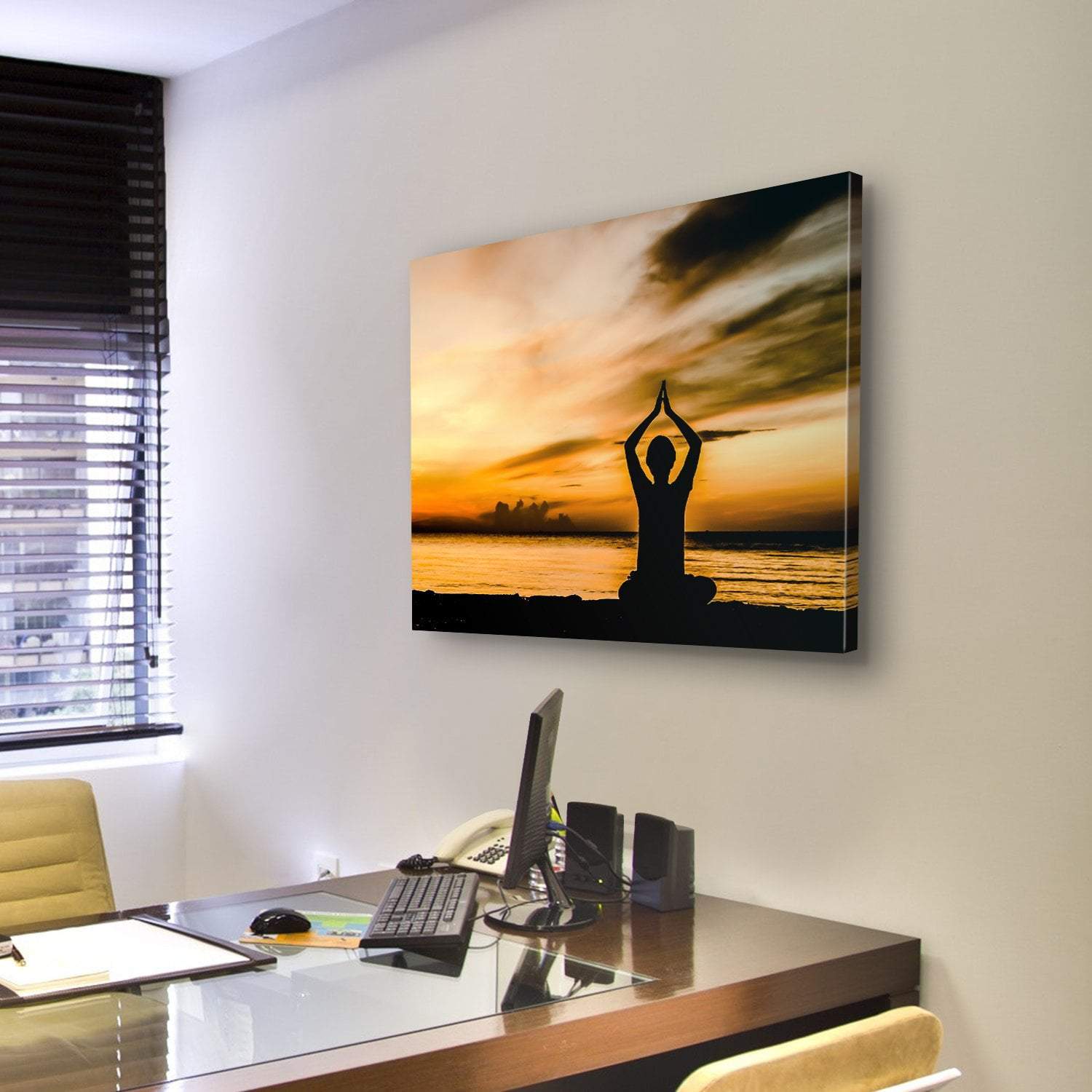 Women Playing Yoga At Beach Side On Sunset Canvas Wall Art-3 Horizontal-Gallery Wrap-25" x 16"-Tiaracle