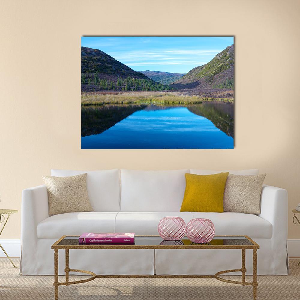 Autumn Reflection at Wonder Lake Canvas Wall Art in brown, green and blue, single panel hung on a wall