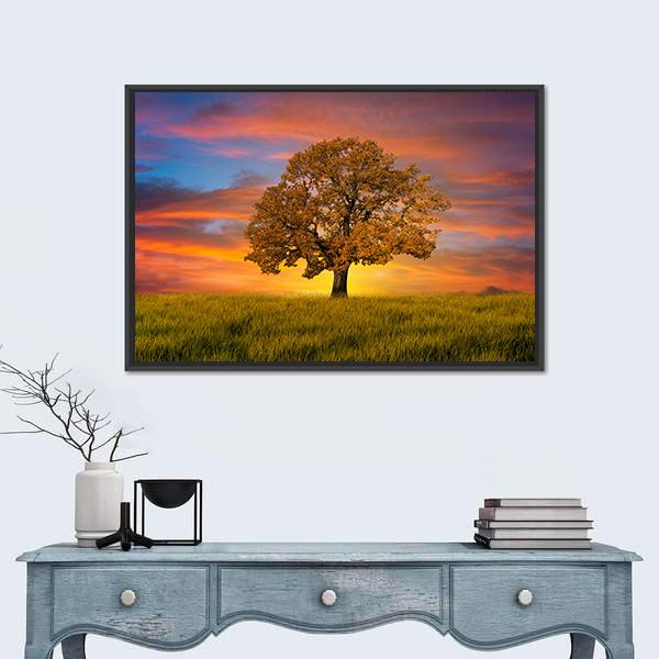 Wonderful Alone Tree In The Field With Clouds Canvas Wall Art-1 Piece-Floating Frame-24" x 16"-Tiaracle
