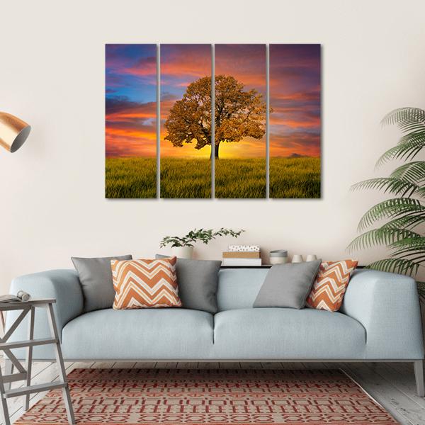 Wonderful Alone Tree In The Field With Clouds Canvas Wall Art-4 Horizontal-Gallery Wrap-34" x 24"-Tiaracle