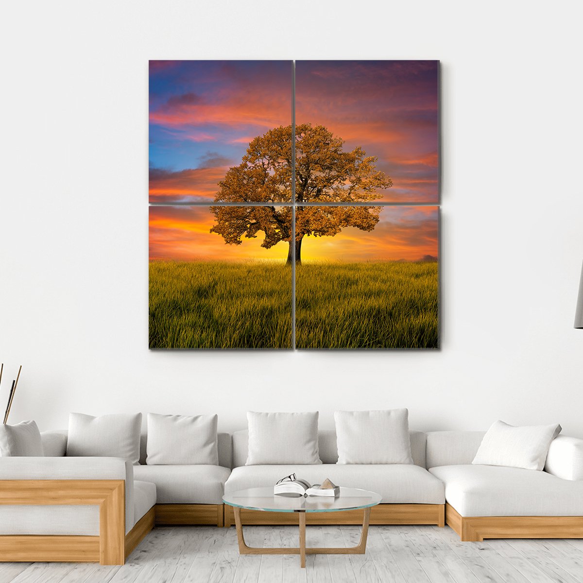 Wonderful Alone Tree In The Field With Clouds Canvas Wall Art-4 Square-Gallery Wrap-17" x 17"-Tiaracle
